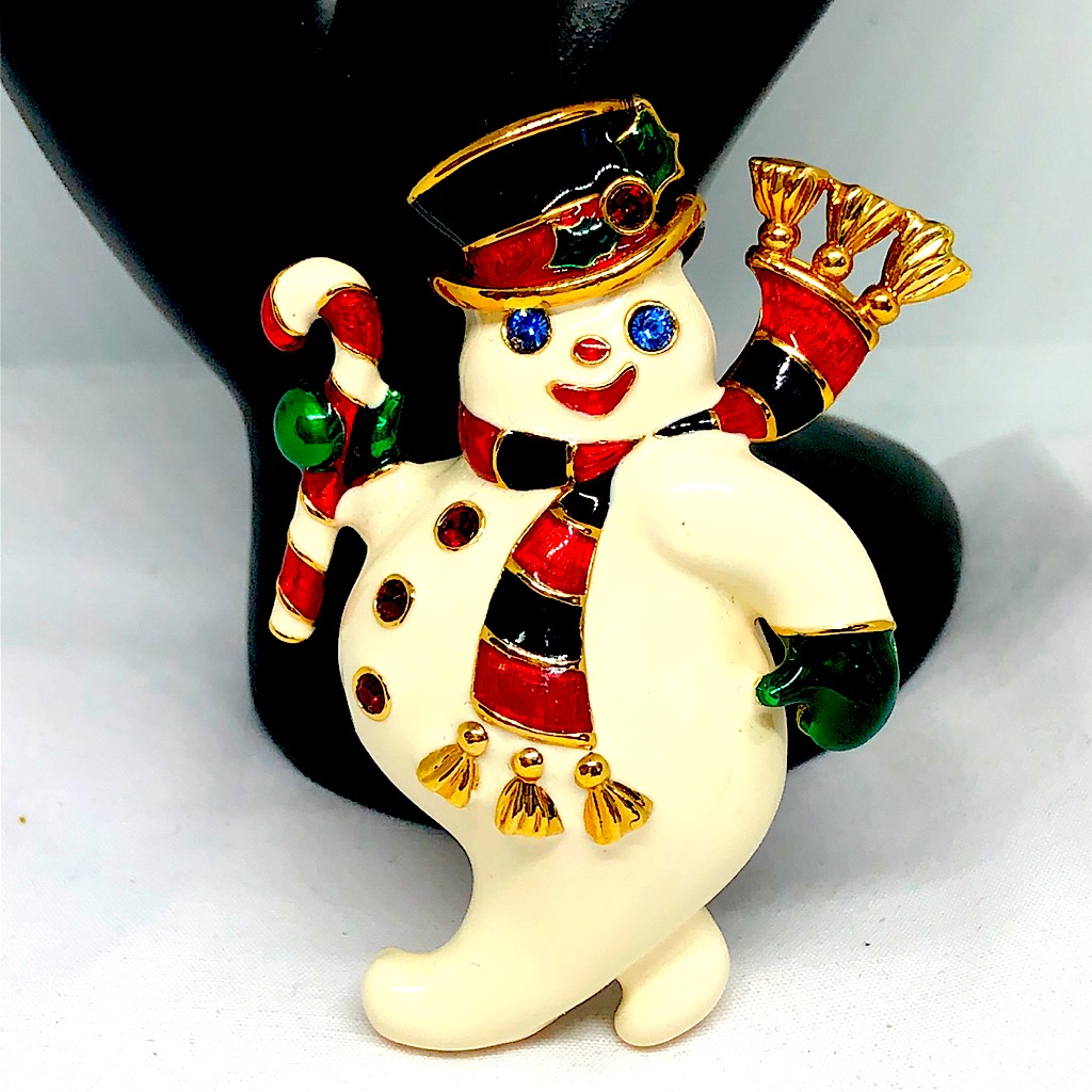 Vintage Bob Mackie Snowman Brooch. Red Crystal Buttons/Hat, Blue Crystal Eyes.